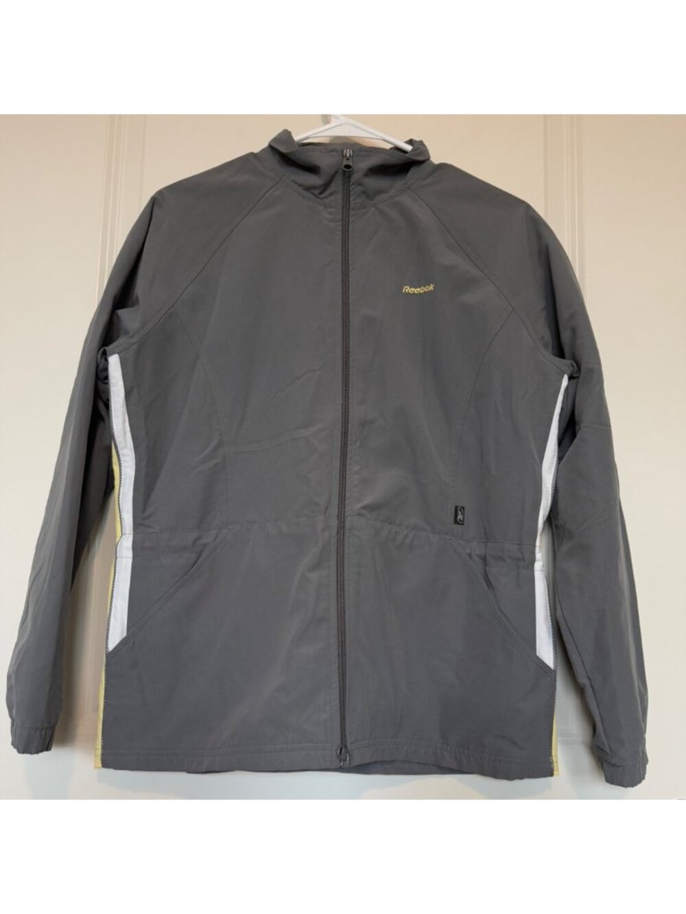 Reebok Gray Windbreaker Jacket White Yellow Stripes Size S Toggle Waist Pockets